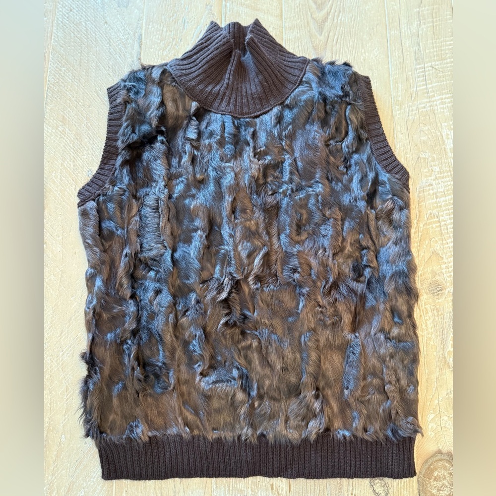 Vintage Urban Hillbilly Lamb Fur Front Sleeveless Knit Turtleneck Brown L